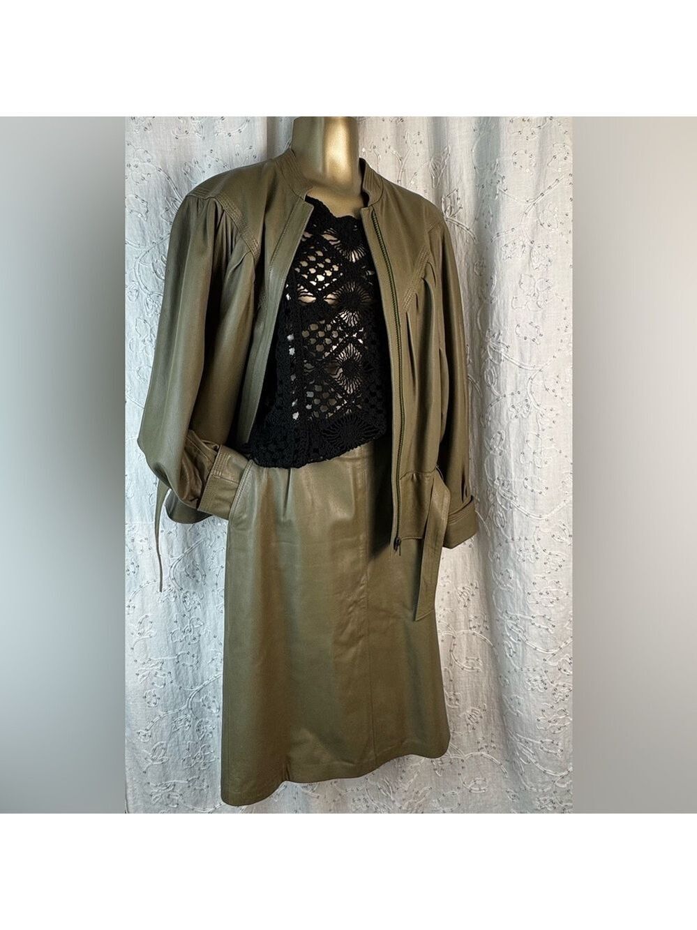 Vintage 80s Leather Jacket & Skirt Set Olive Taupe J. Porte Spain